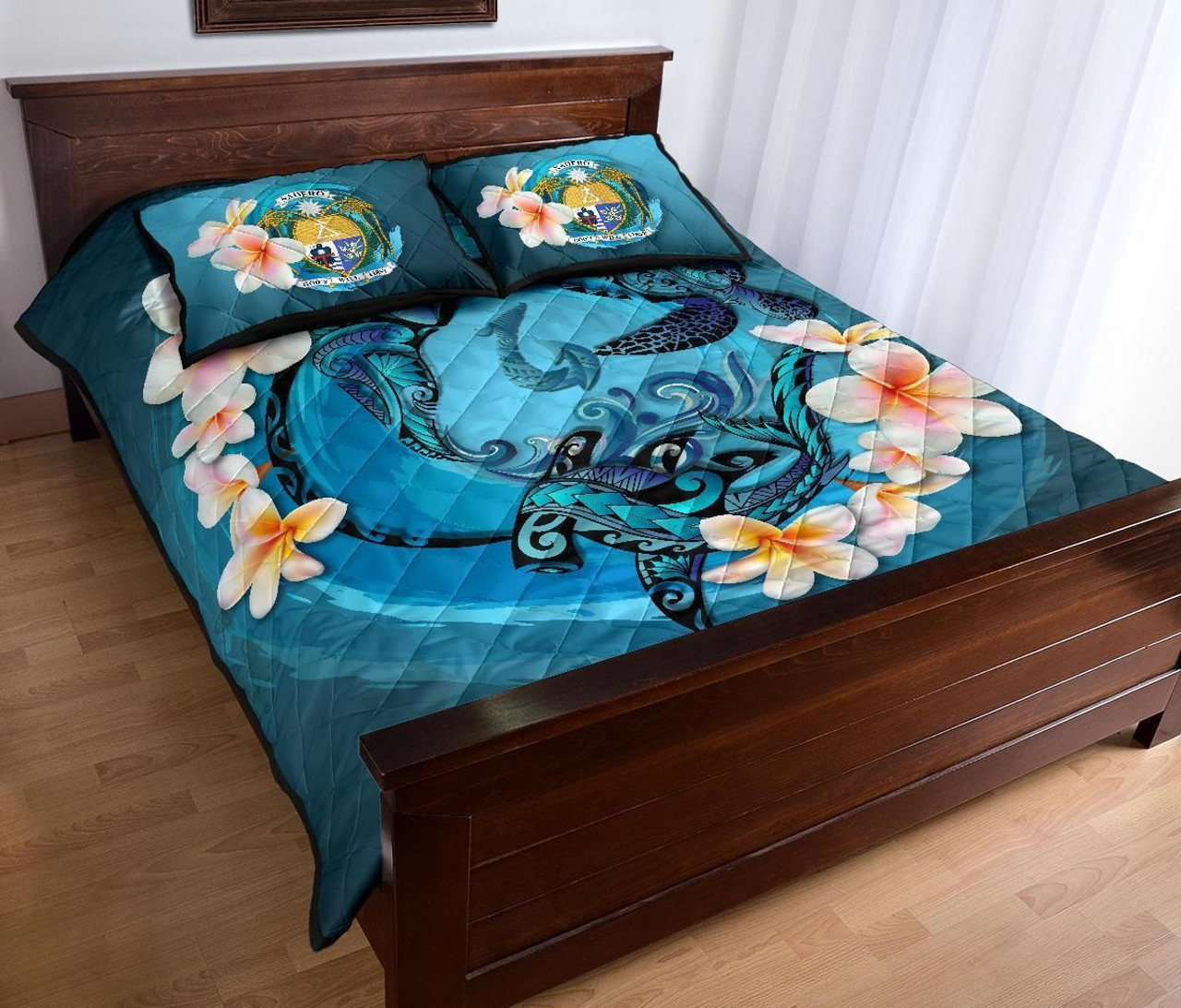 Nauru Polynesian Quilt Bed Set - Blue Plumeria Animal Tattoo 3