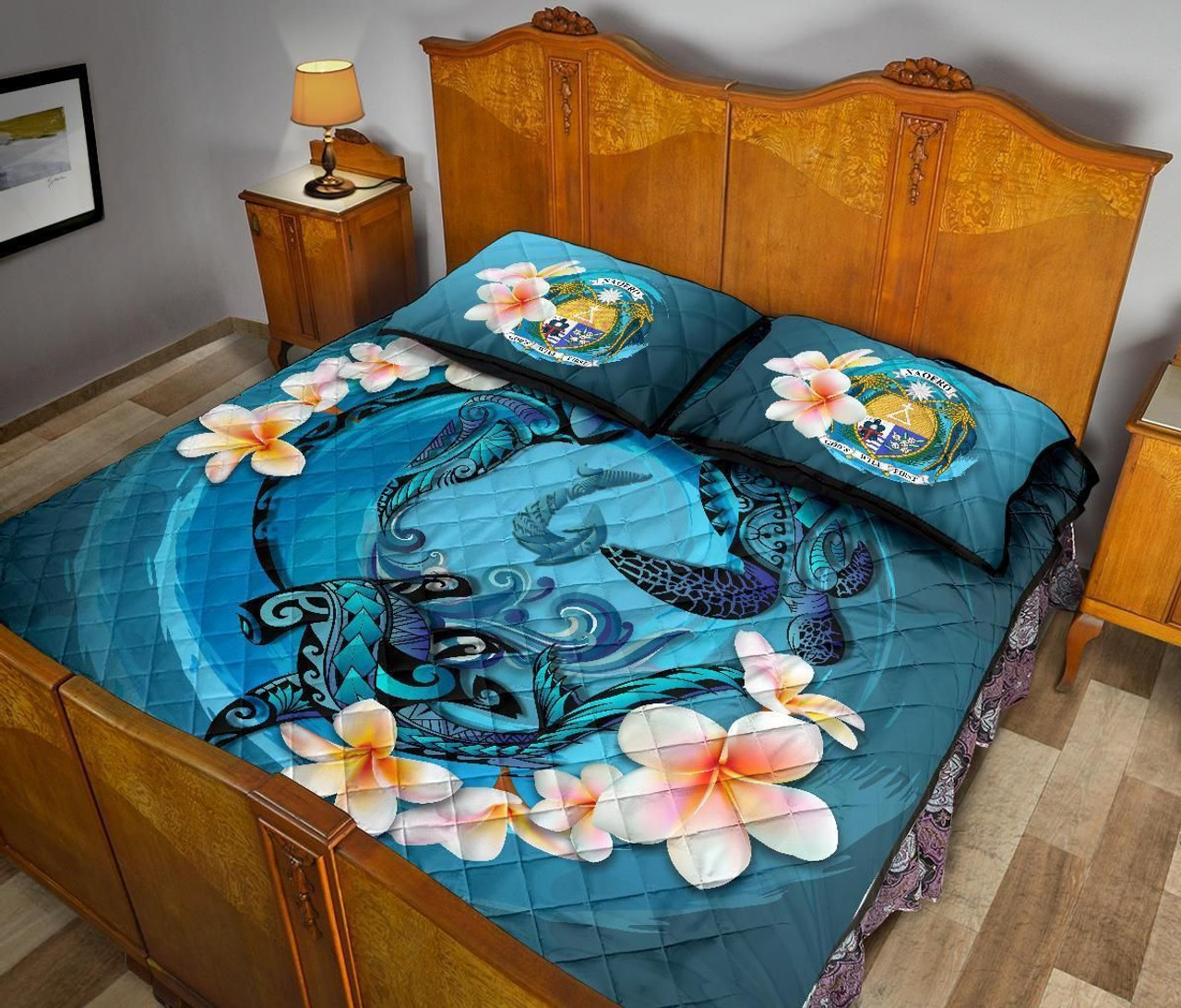 Nauru Polynesian Quilt Bed Set - Blue Plumeria Animal Tattoo 4