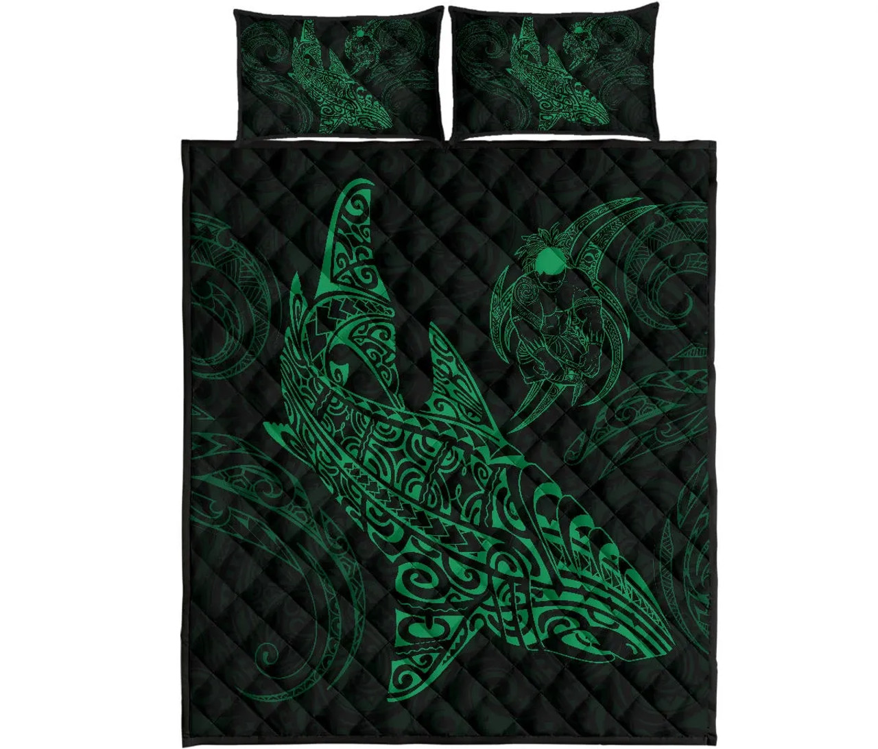 Polynesian Quilt Bed Set - Polynesian Green Shark Warrior Tattoo