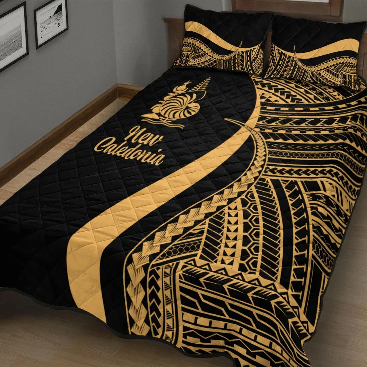 New Caledonia Quilt Bet Set - Gold Polynesian Tentacle Tribal Pattern 2