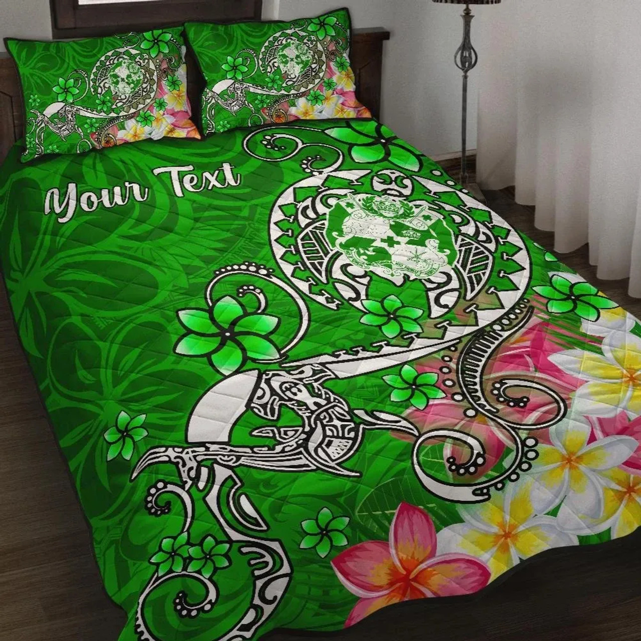 Tonga Custom Personalised Quilt Bed Set - Turtle Plumeria (Green) 1