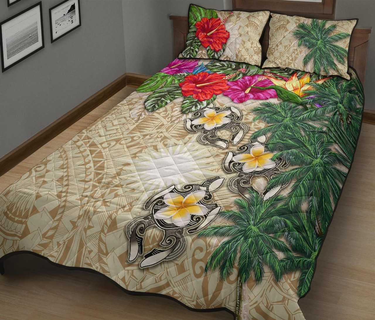 Marshall Islands Polynesian Quilt Bed Set - Hibiscus Turtle Tattoo Beige