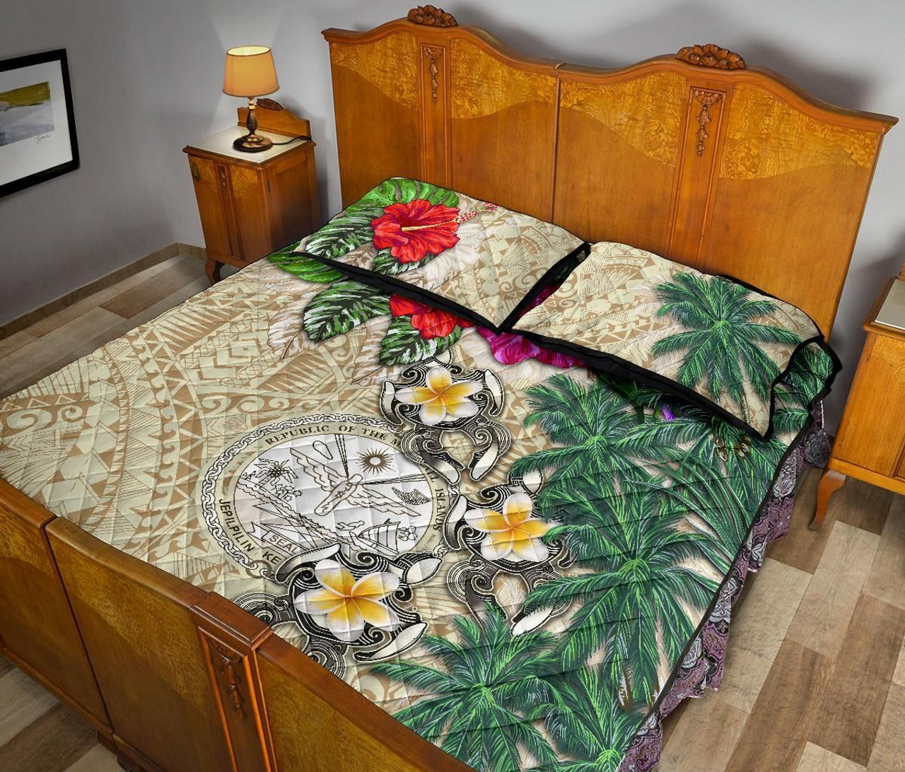 Marshall Islands Polynesian Quilt Bed Set - Hibiscus Turtle Tattoo Beige 4