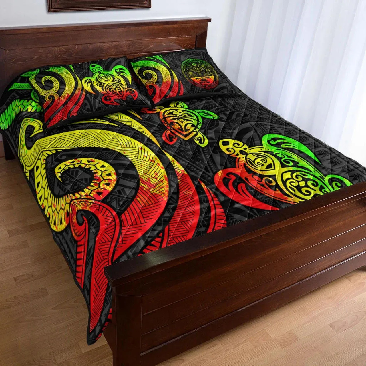 Marshall Islands Quilt Bed Set - Reggae Tentacle Turtle Crest 4