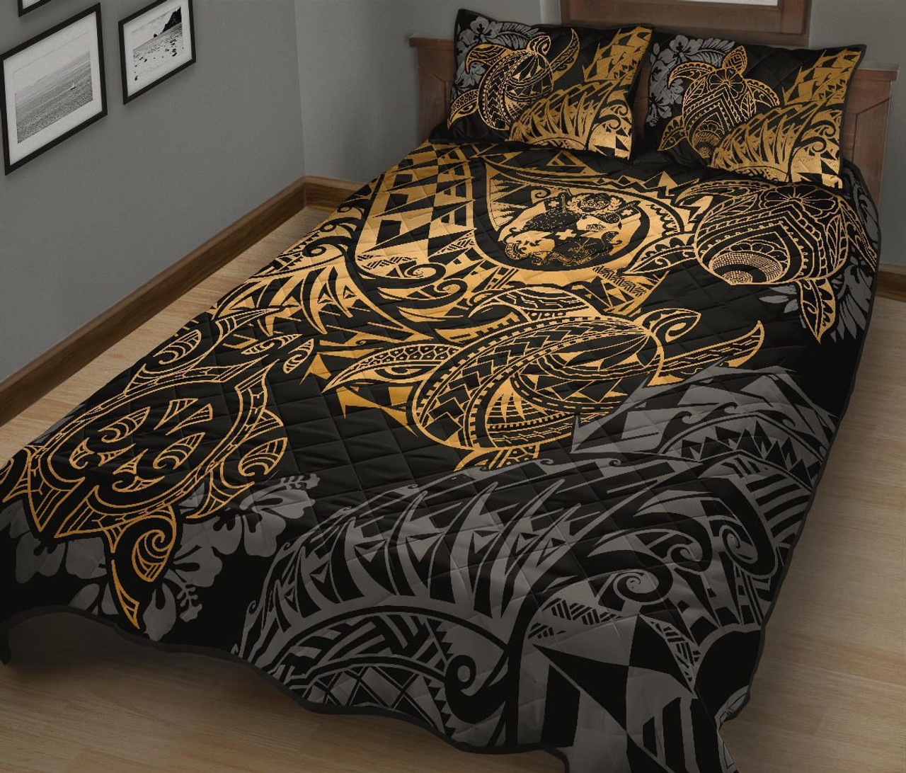 Tonga Polynesian Quilt Bed Set - Gold Turtle Flowing 2