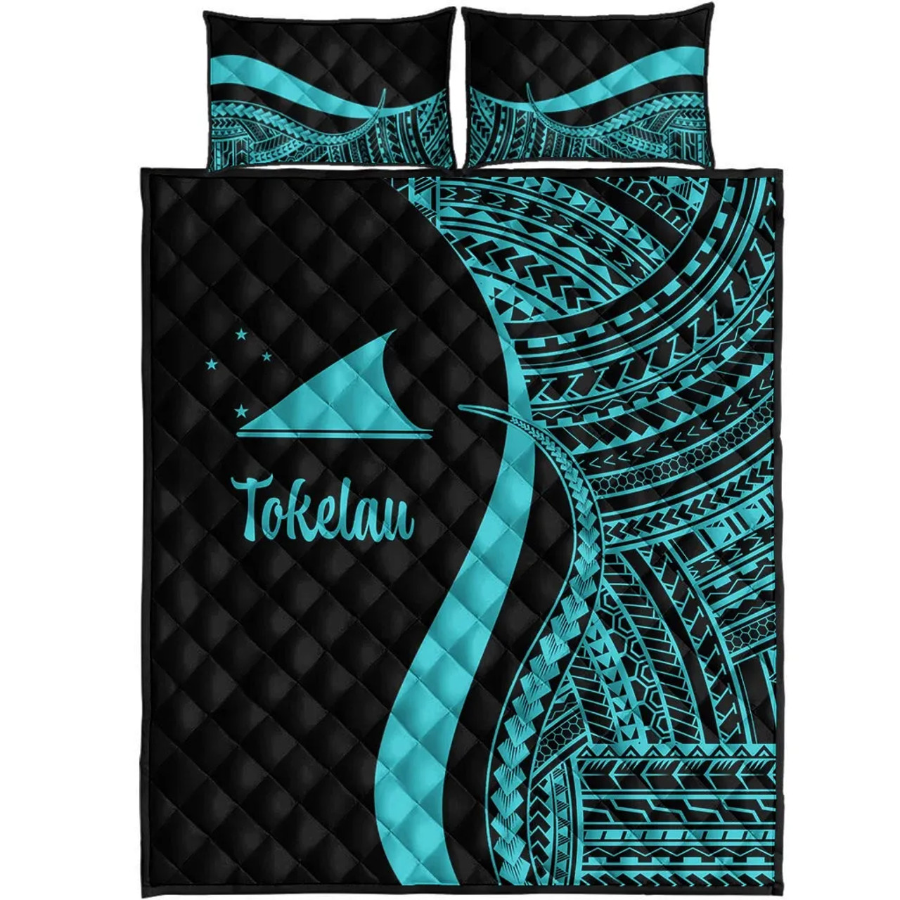 Tokelau Quilt Bet Set - Turquoise Polynesian Tentacle Tribal Pattern 5