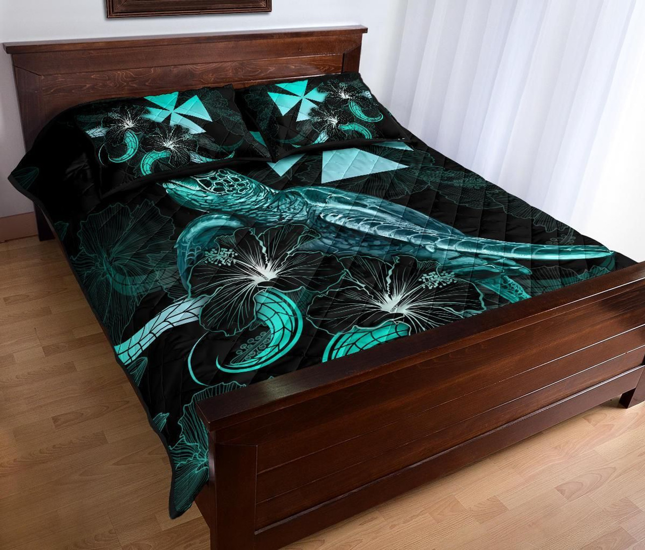 Wallis and Futuna Polynesian Quilt Bed Set - Turtle With Blooming Hibiscus Turquoise 3