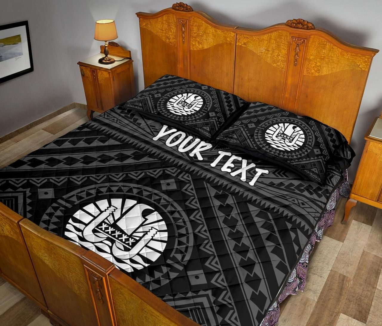 Tahiti Personalised Quilt Bed Set - Tahiti Seal In Polynesian Tattoo Style (Black) 4