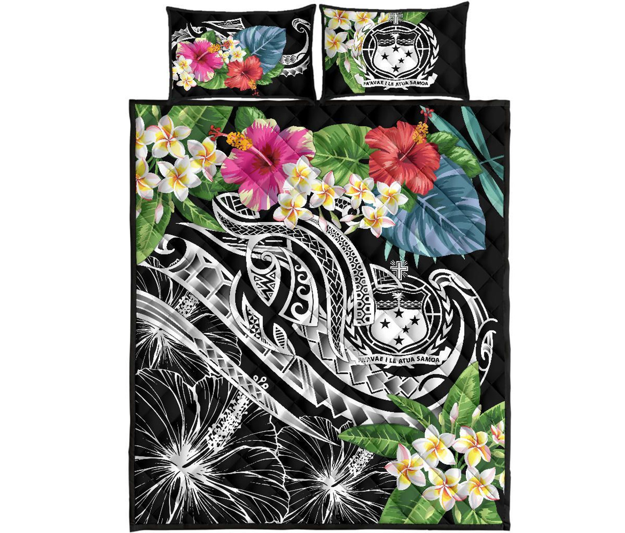 Polynesian Samoa Quilt Bed Set - Summer Plumeria (Black) 5