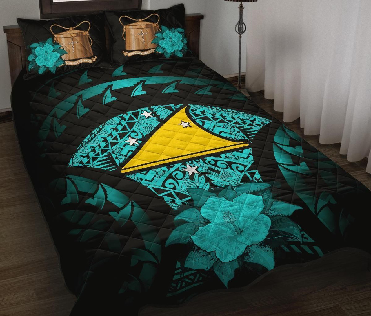 Tokelau Polynesian Quilt Bed Set Hibiscus Turquoise 1