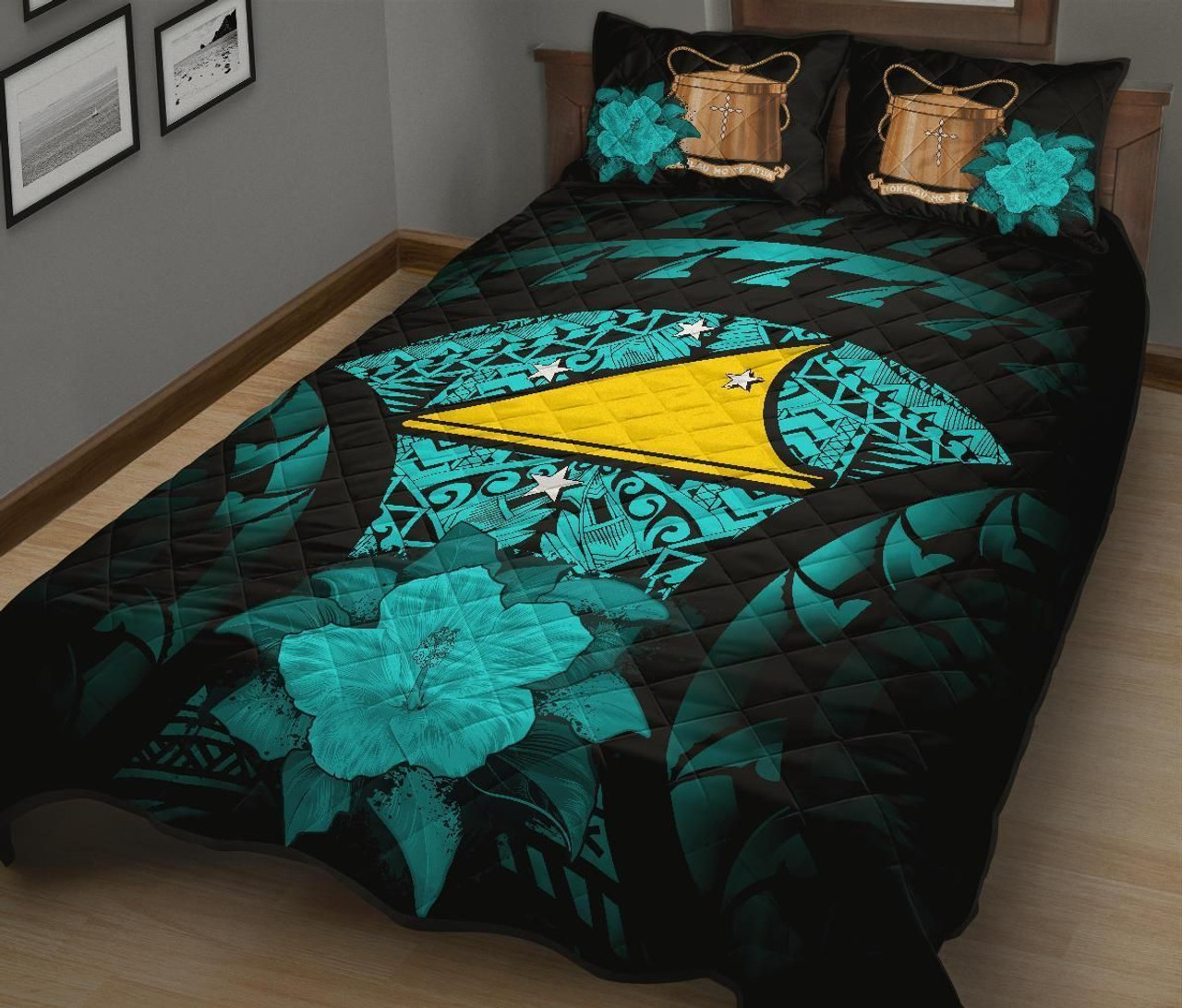 Tokelau Polynesian Quilt Bed Set Hibiscus Turquoise 2