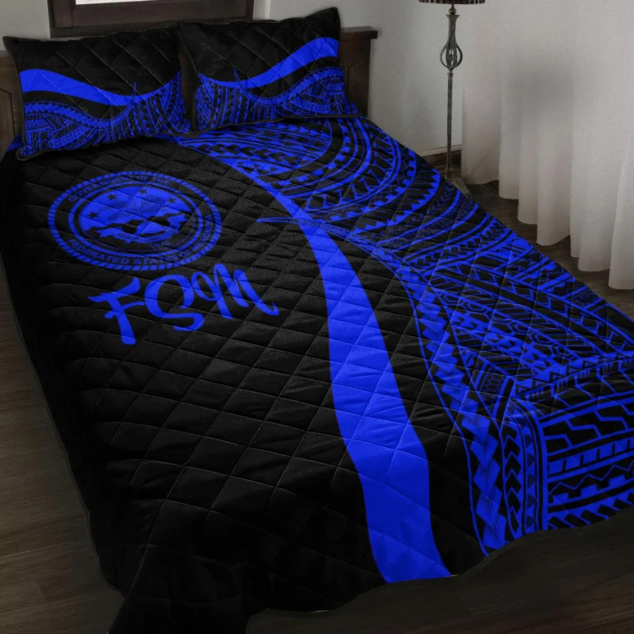 Federated States of Micronesia Quilt Bet Set - Blue Polynesian Tentacle Tribal Pattern 1