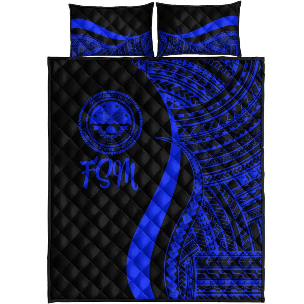 Federated States of Micronesia Quilt Bet Set - Blue Polynesian Tentacle Tribal Pattern 5