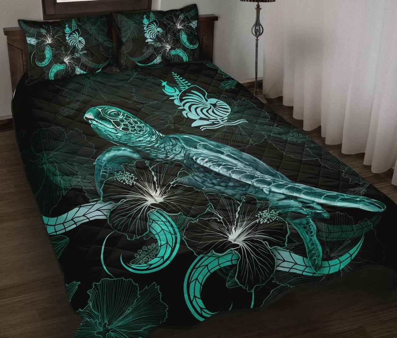 New Caledonia Polynesian Quilt Bed Set - Turtle With Blooming Hibiscus Turquoise 1