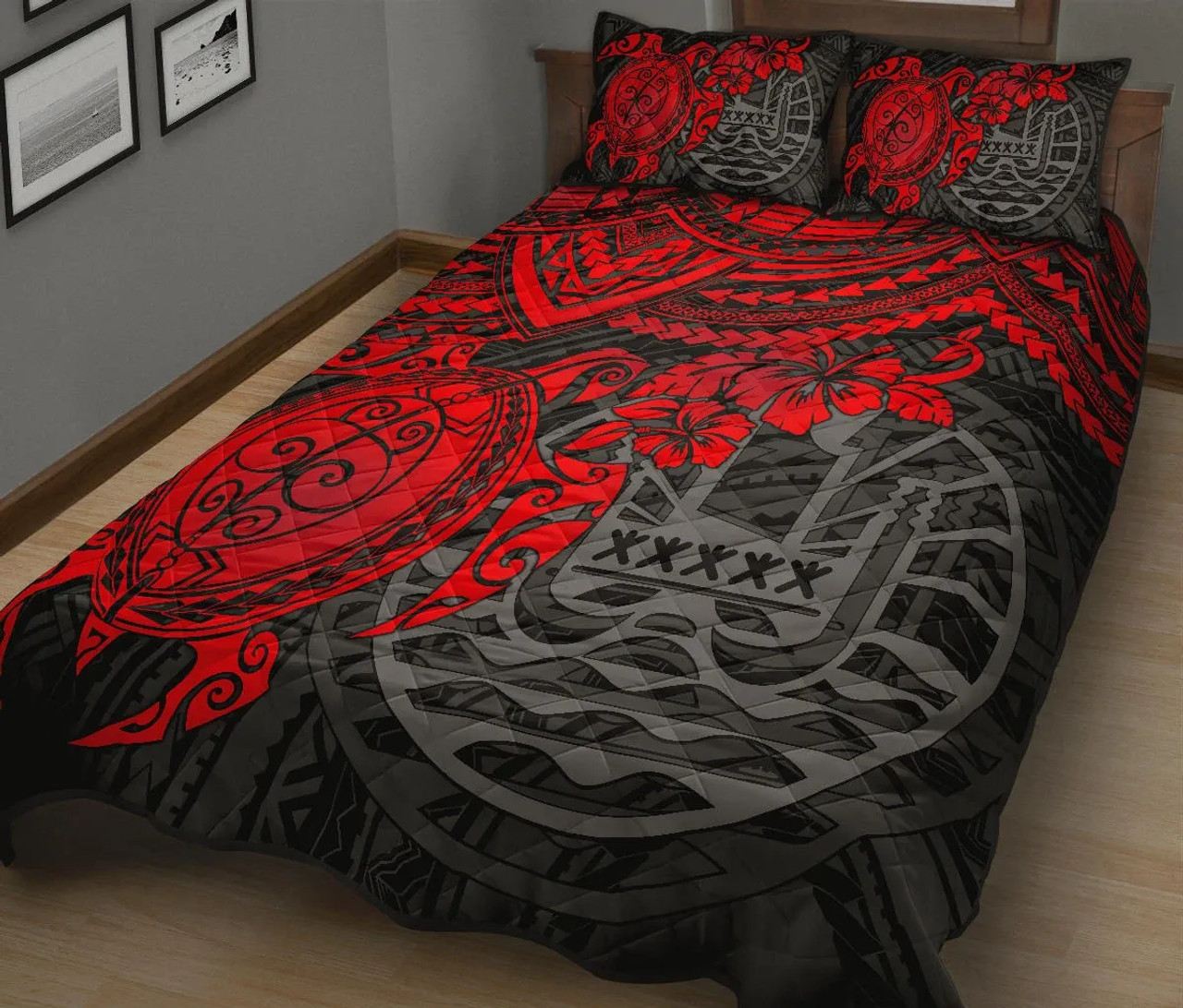 Tahiti Polynesian Quilt Bed Set - Tahiti Flag & Red Turtle Hibiscus Premium 2