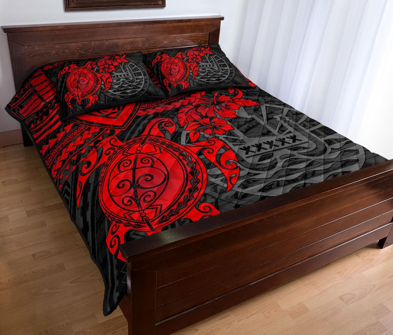 Tahiti Polynesian Quilt Bed Set - Tahiti Flag & Red Turtle Hibiscus Premium