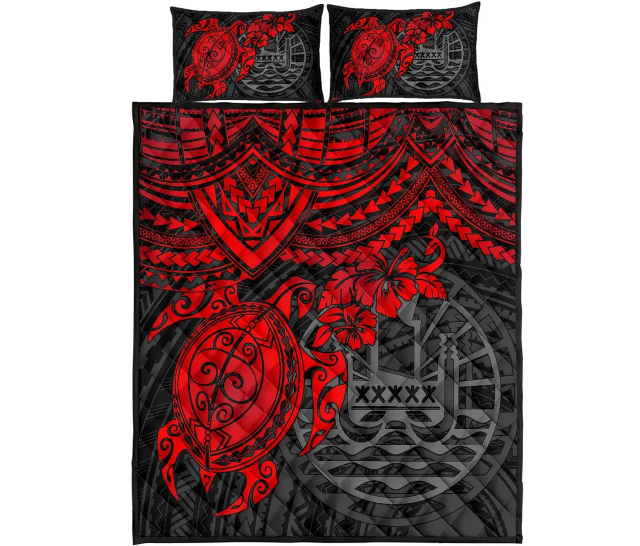 Tahiti Polynesian Quilt Bed Set - Tahiti Flag & Red Turtle Hibiscus Premium