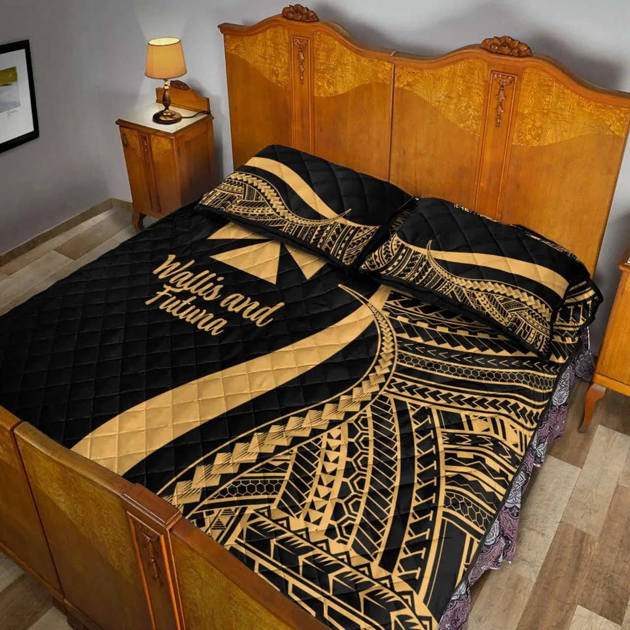 Wallis and Futuna Quilt Bet Set - Gold Polynesian Tentacle Tribal Pattern 4