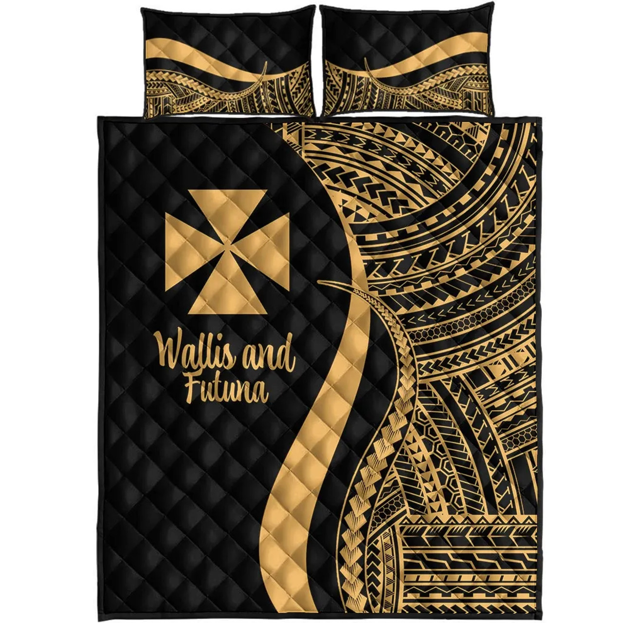 Wallis and Futuna Quilt Bet Set - Gold Polynesian Tentacle Tribal Pattern 5