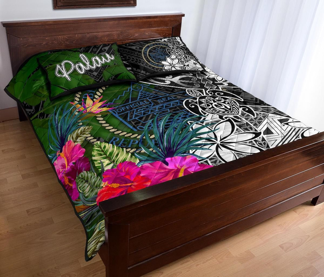 Palau Quilt Bed Set - Turtle Plumeria Banana Leaf Crest 3