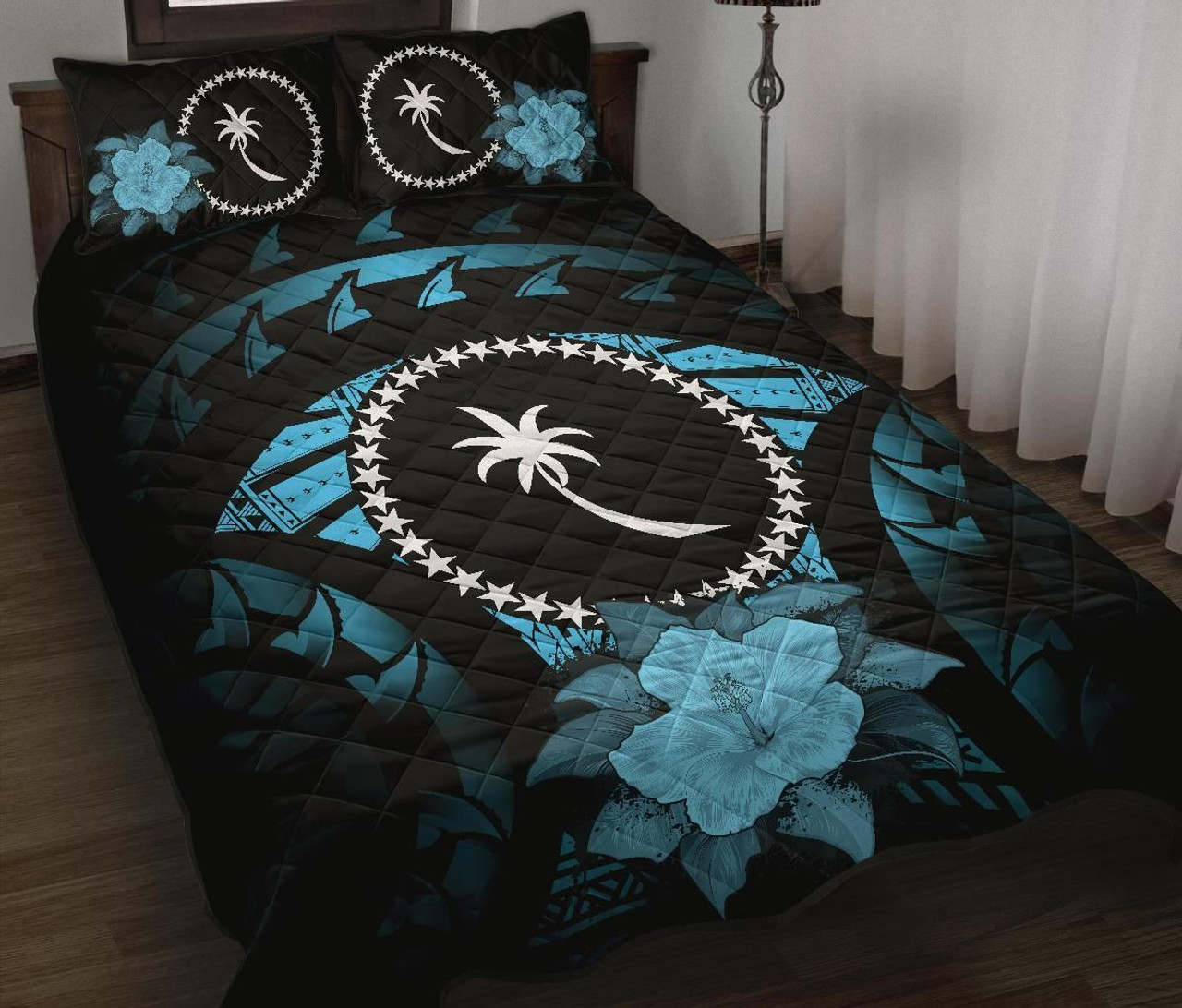 Chuuk Polynesian Quilt Bed Set Hibiscus Blue 1