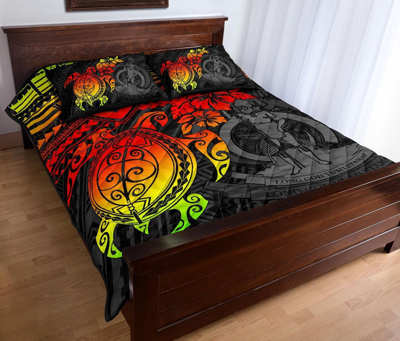 Vanuatu Polynesian Quilt Bed Set - Vanuatu Coat Of Arms & Reggae Turtle Hibiscus 3