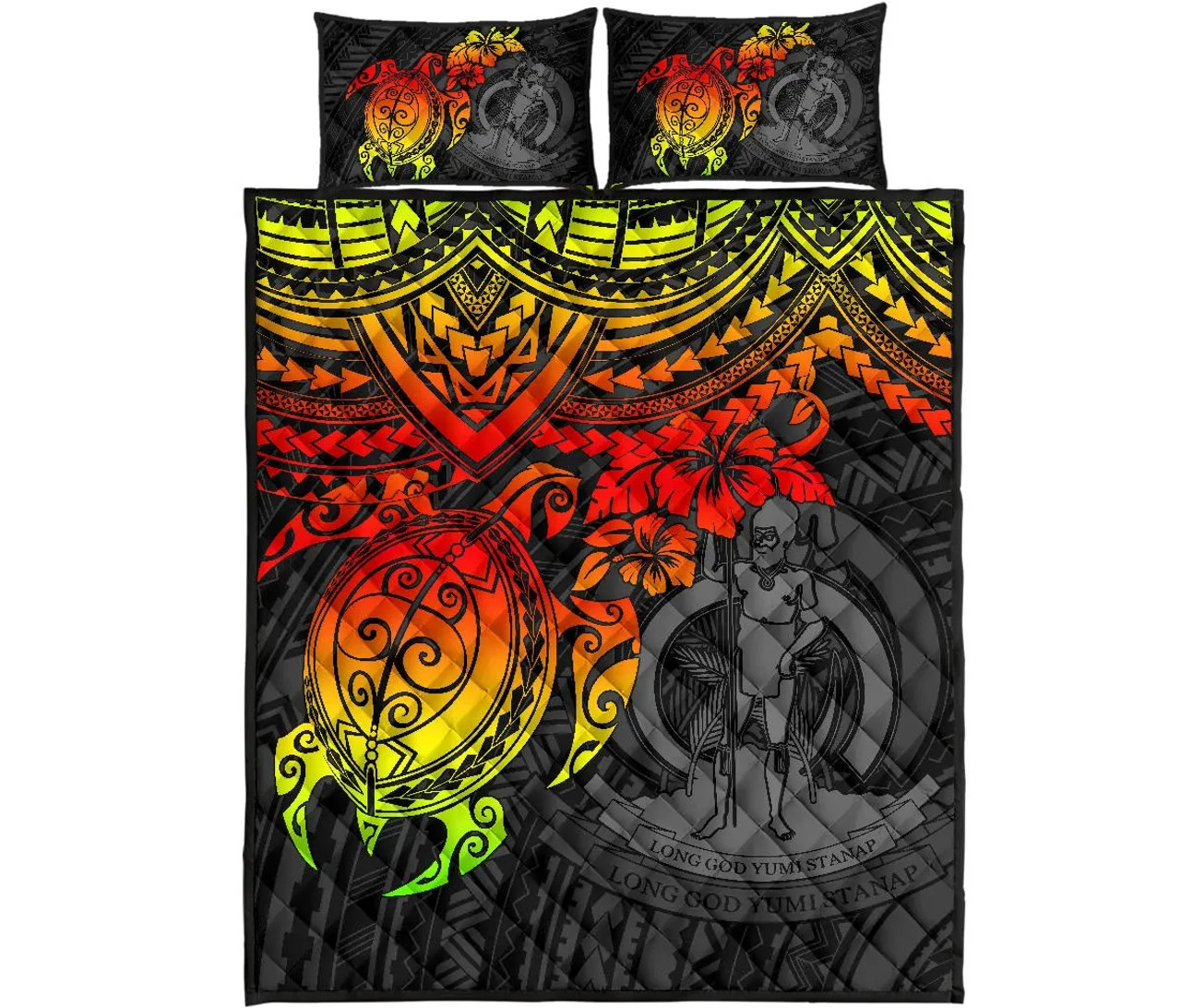 Vanuatu Polynesian Quilt Bed Set - Vanuatu Coat Of Arms & Reggae Turtle Hibiscus 5