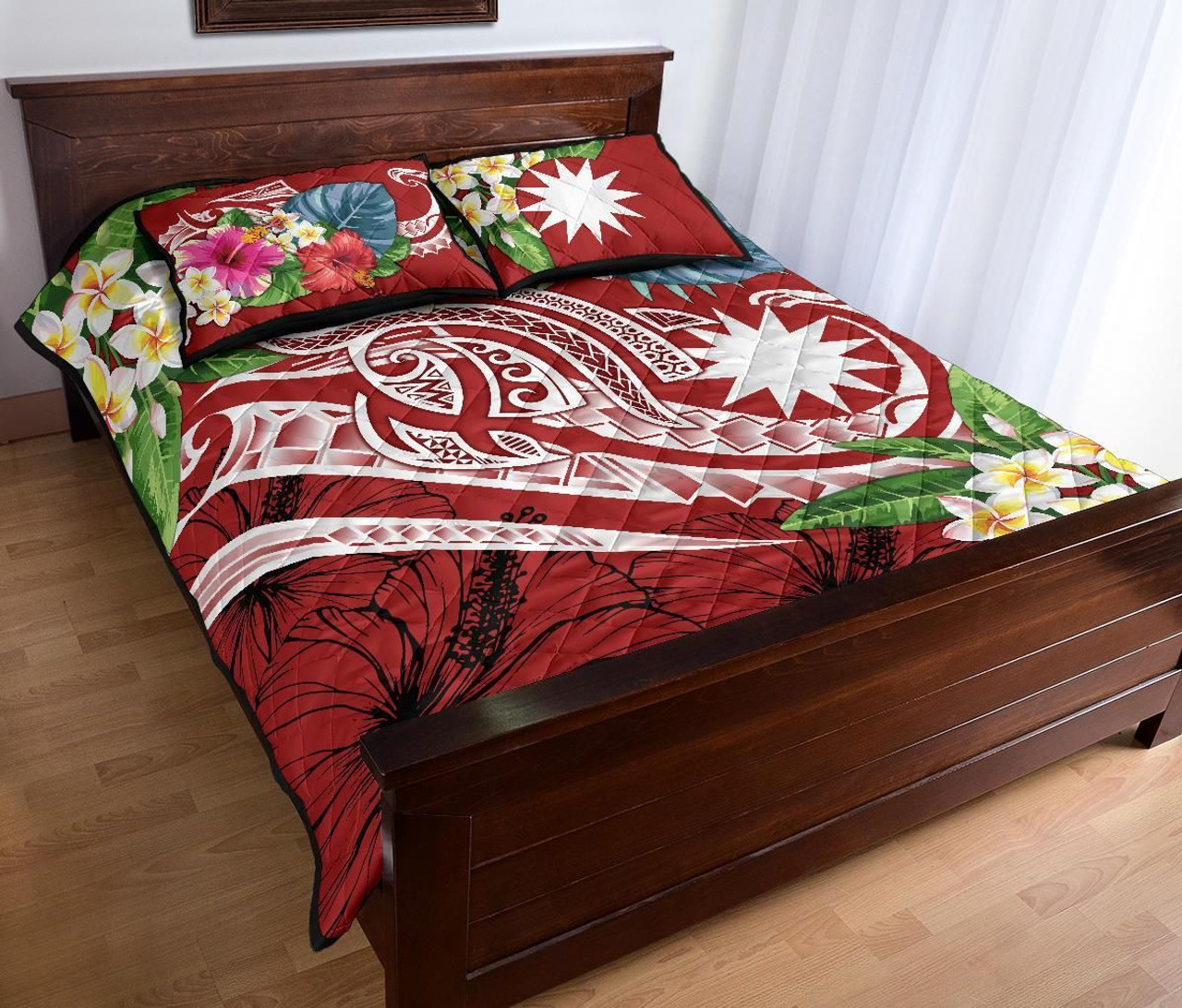 Nauru Polynesian Quilt Bed Set - Summer Plumeria (Red) 3