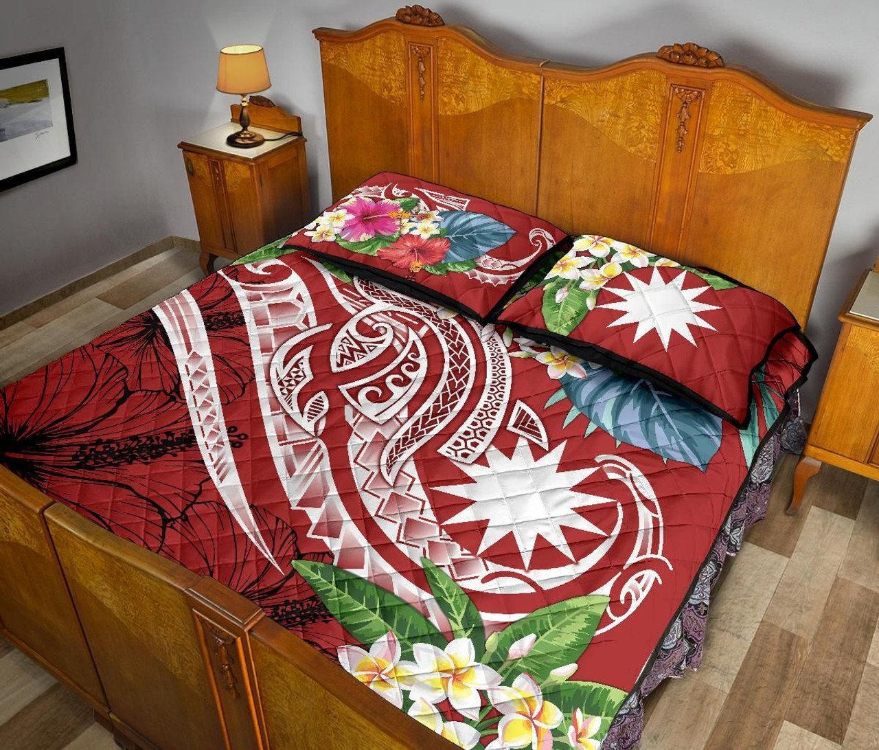 Nauru Polynesian Quilt Bed Set - Summer Plumeria (Red) 4