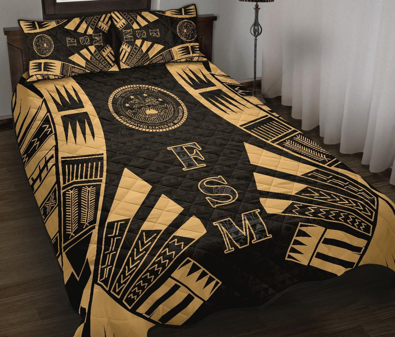 Federated States of Micronesia Quilt Bed Set - Federated States of Micronesia Seal Polynesian Yellow Tattoo Style 2