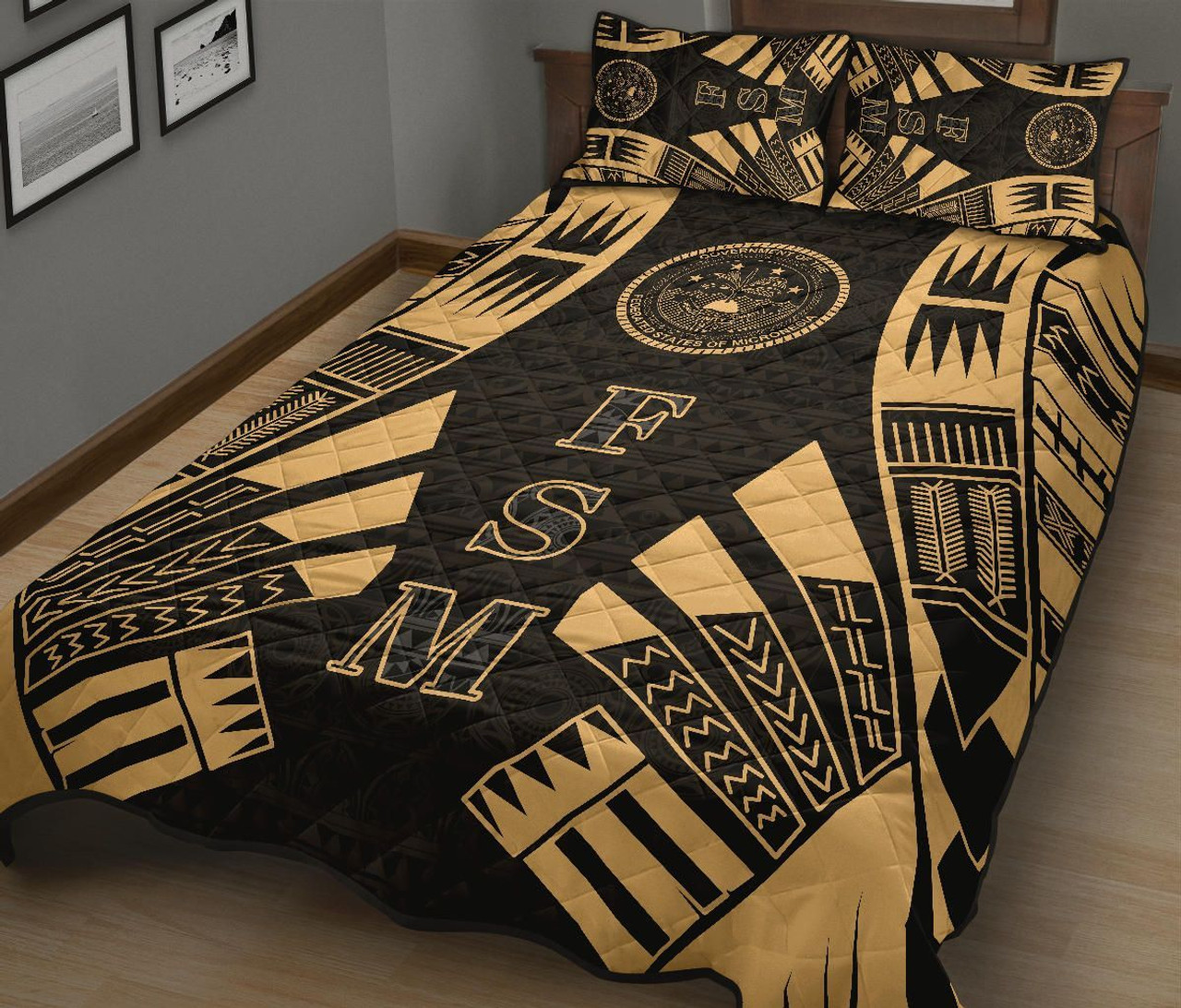 Federated States of Micronesia Quilt Bed Set - Federated States of Micronesia Seal Polynesian Yellow Tattoo Style 3
