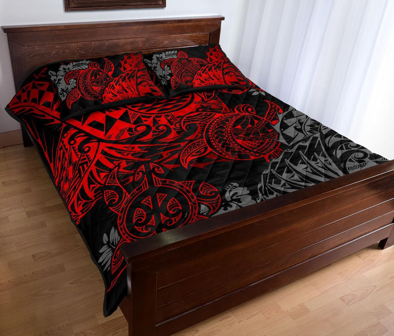 Tahiti Polynesian Quilt Bed Set - Red Turtle Hibiscus Flowing 3