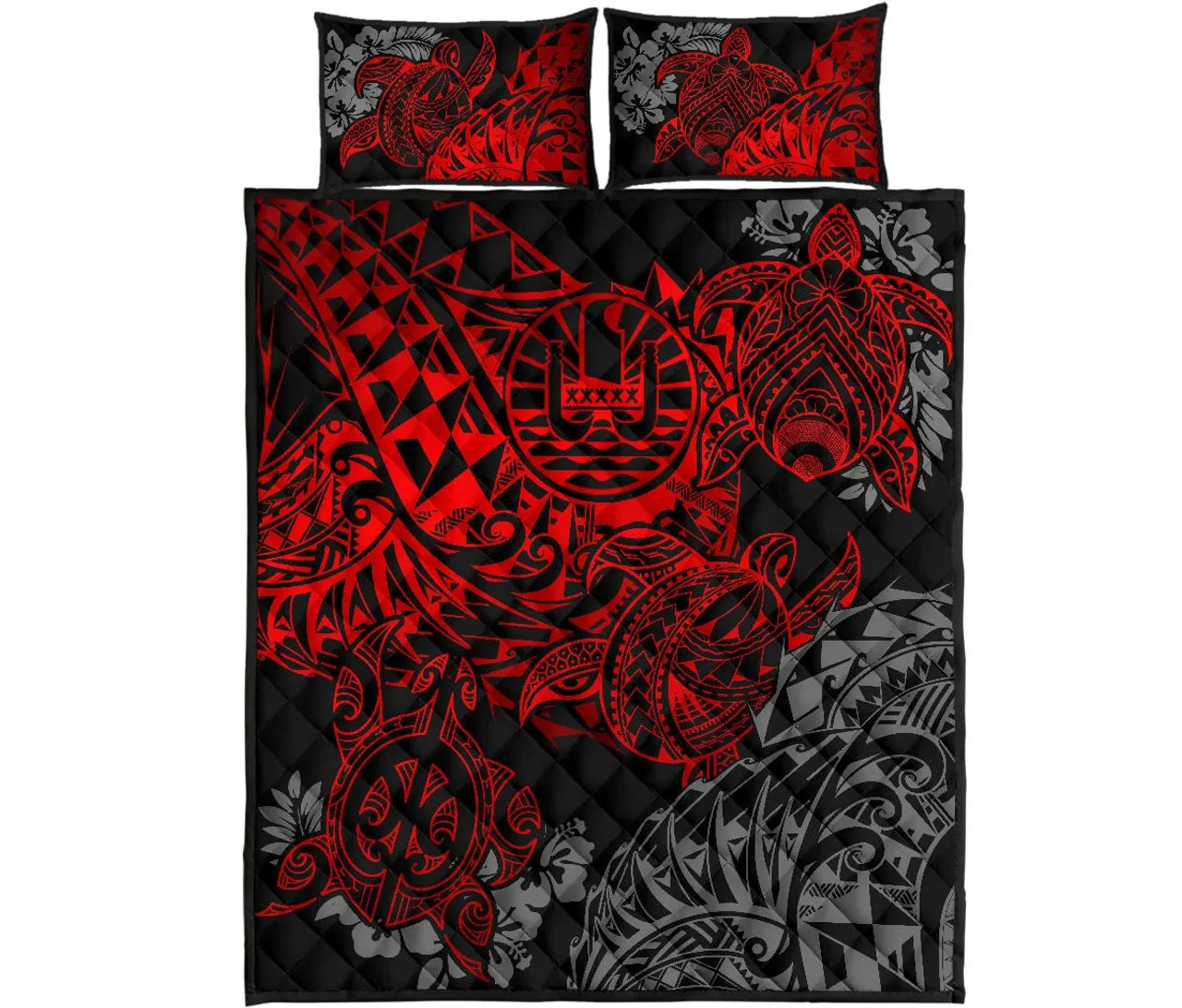 Tahiti Polynesian Quilt Bed Set - Red Turtle Hibiscus Flowing 5