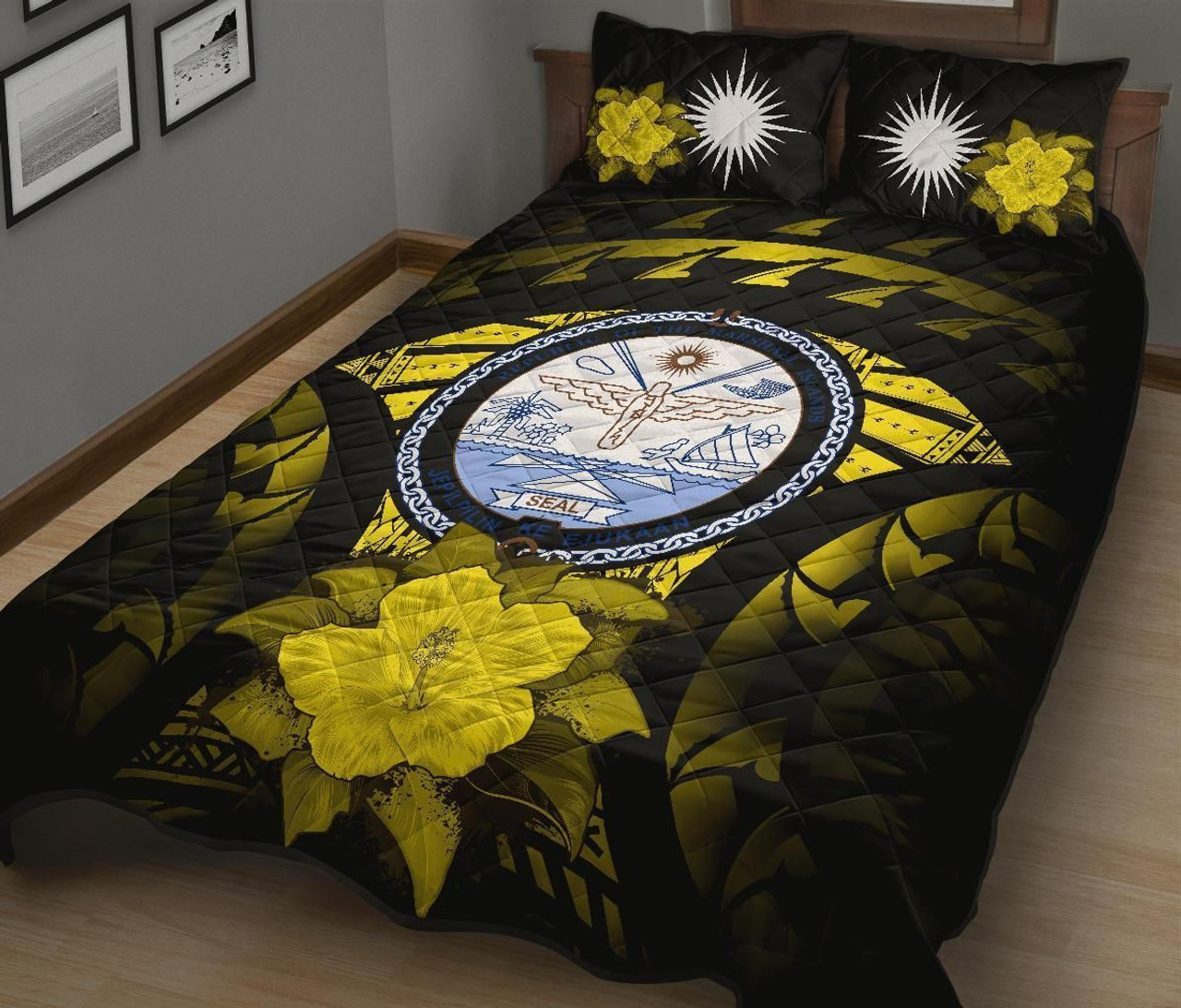 Marshall Islands Polynesian Quilt Bed Set Hibiscus Yellow 2