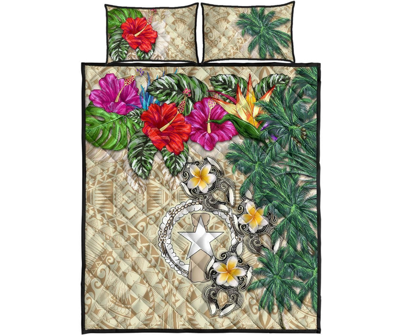 Northern Mariana Islands Polynesian Quilt Bed Set - Hibiscus Turtle Tattoo Beige 5