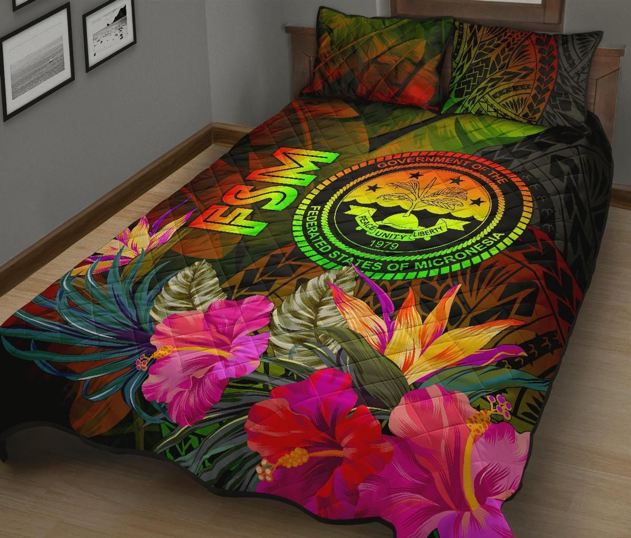 Federated States of Micronesia Polynesian Quilt Bed Set - Hibiscus and Banana Leaves 2
