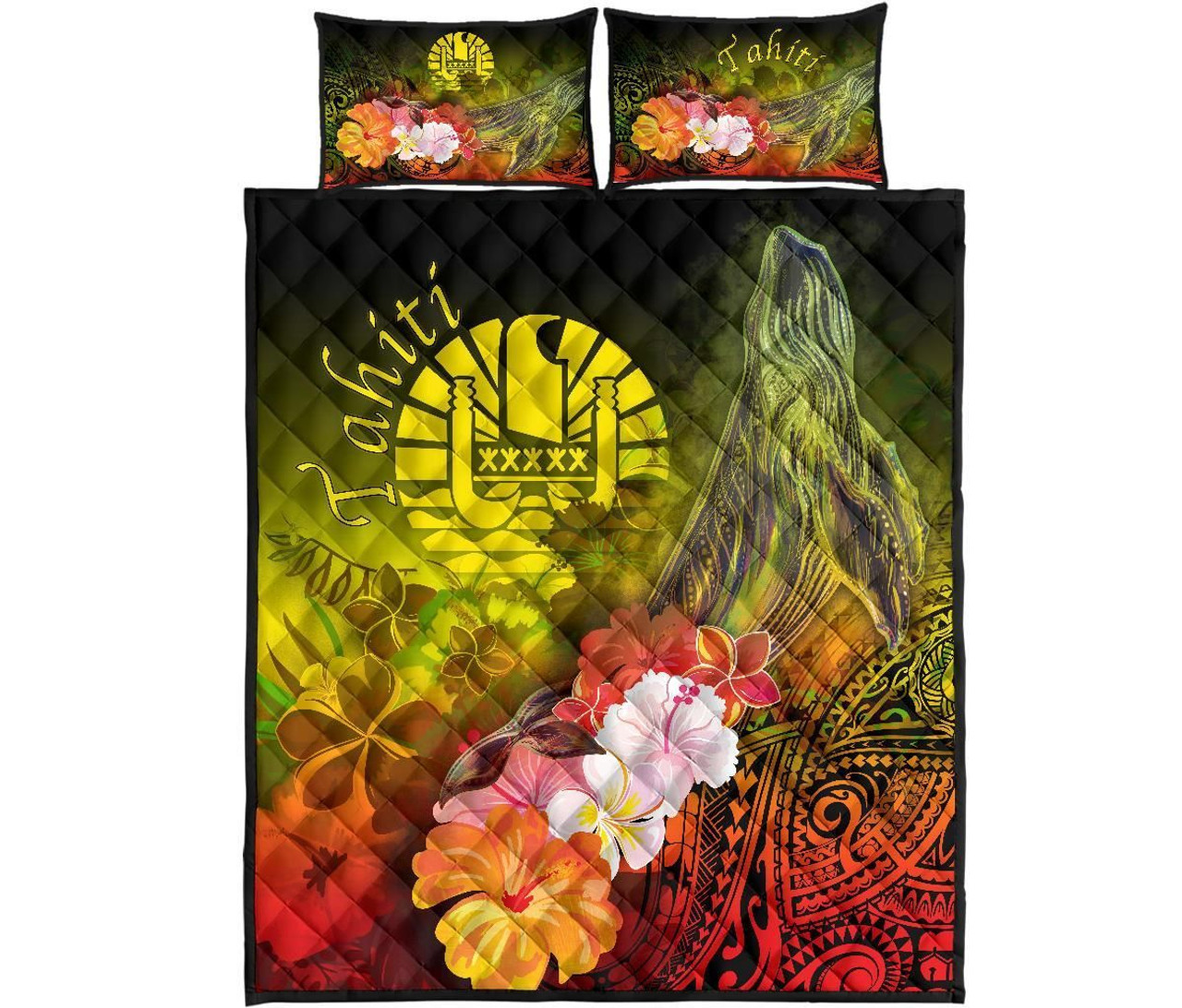 Tahiti Quilt Bed Set - Humpback Whale with Tropical Flowers (Yellow) 5