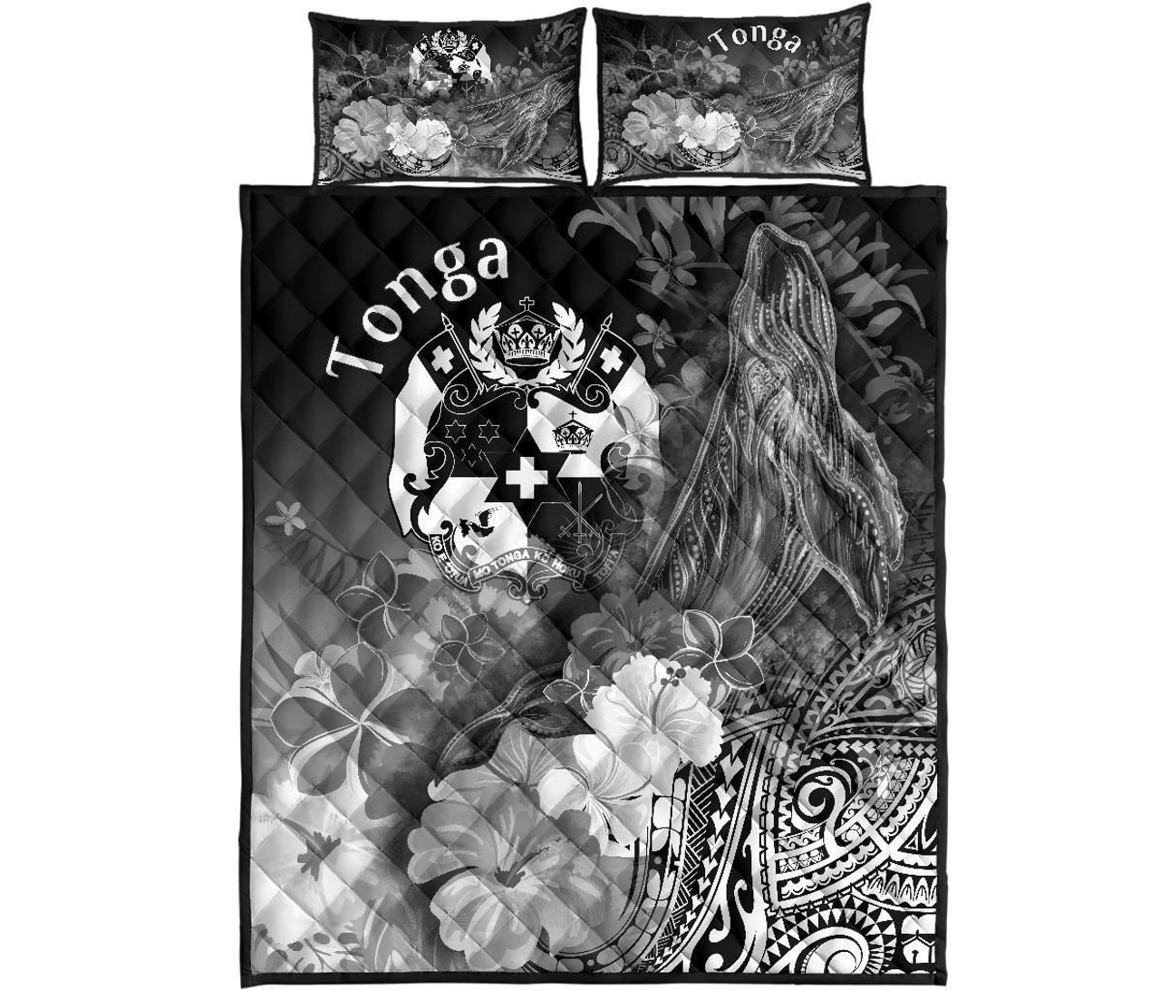 Tonga Quilt Bed Set - Humpback Whale with Tropical Flowers (White) 5