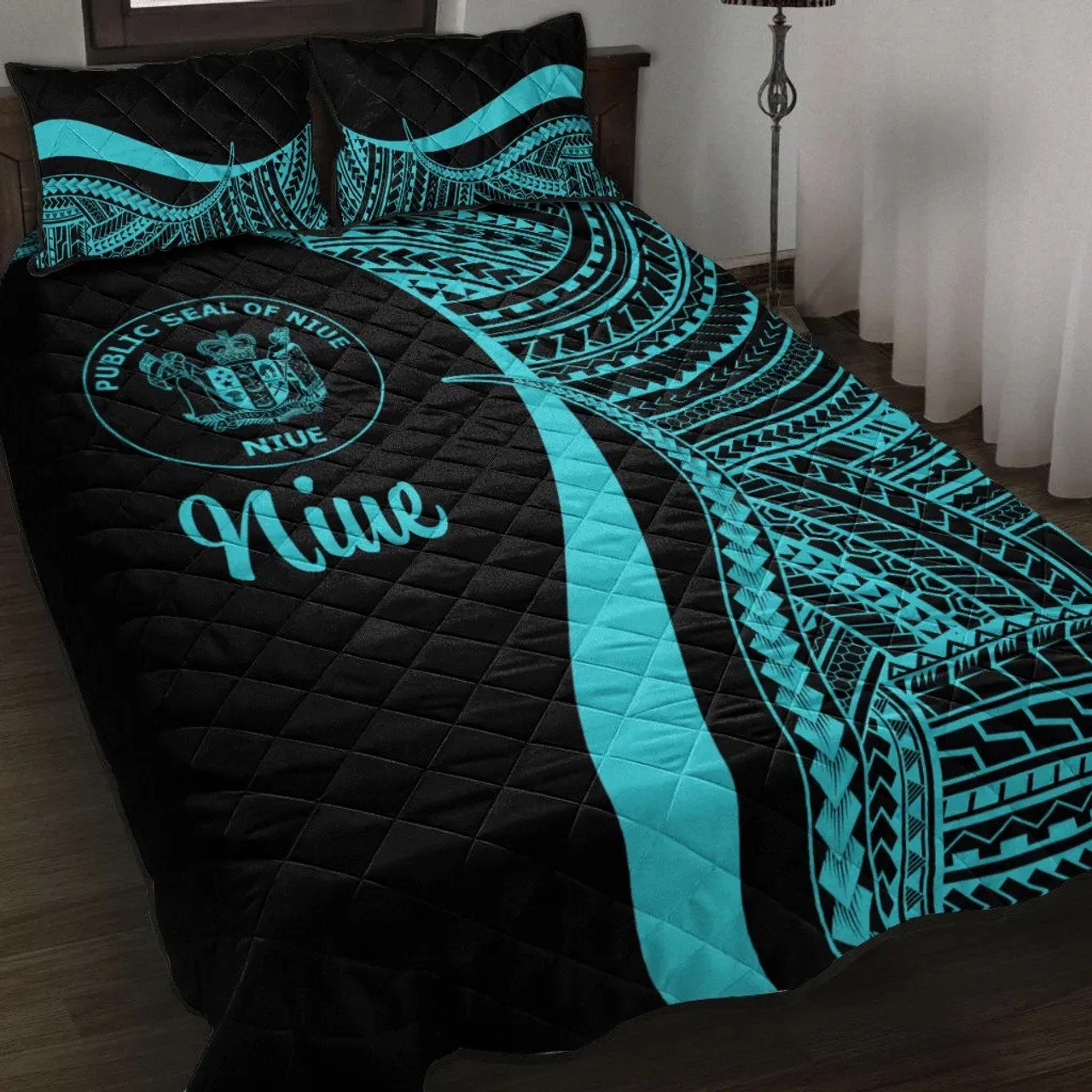 Niue Quilt Bet Set - Turquoise Polynesian Tentacle Tribal Pattern 1