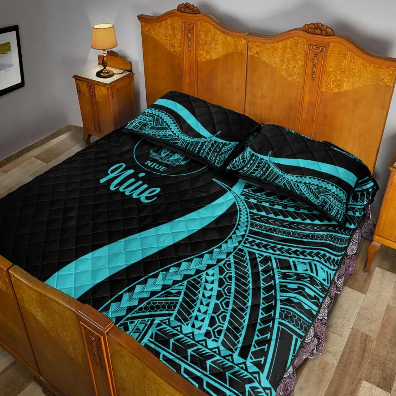 Niue Quilt Bet Set - Turquoise Polynesian Tentacle Tribal Pattern 4