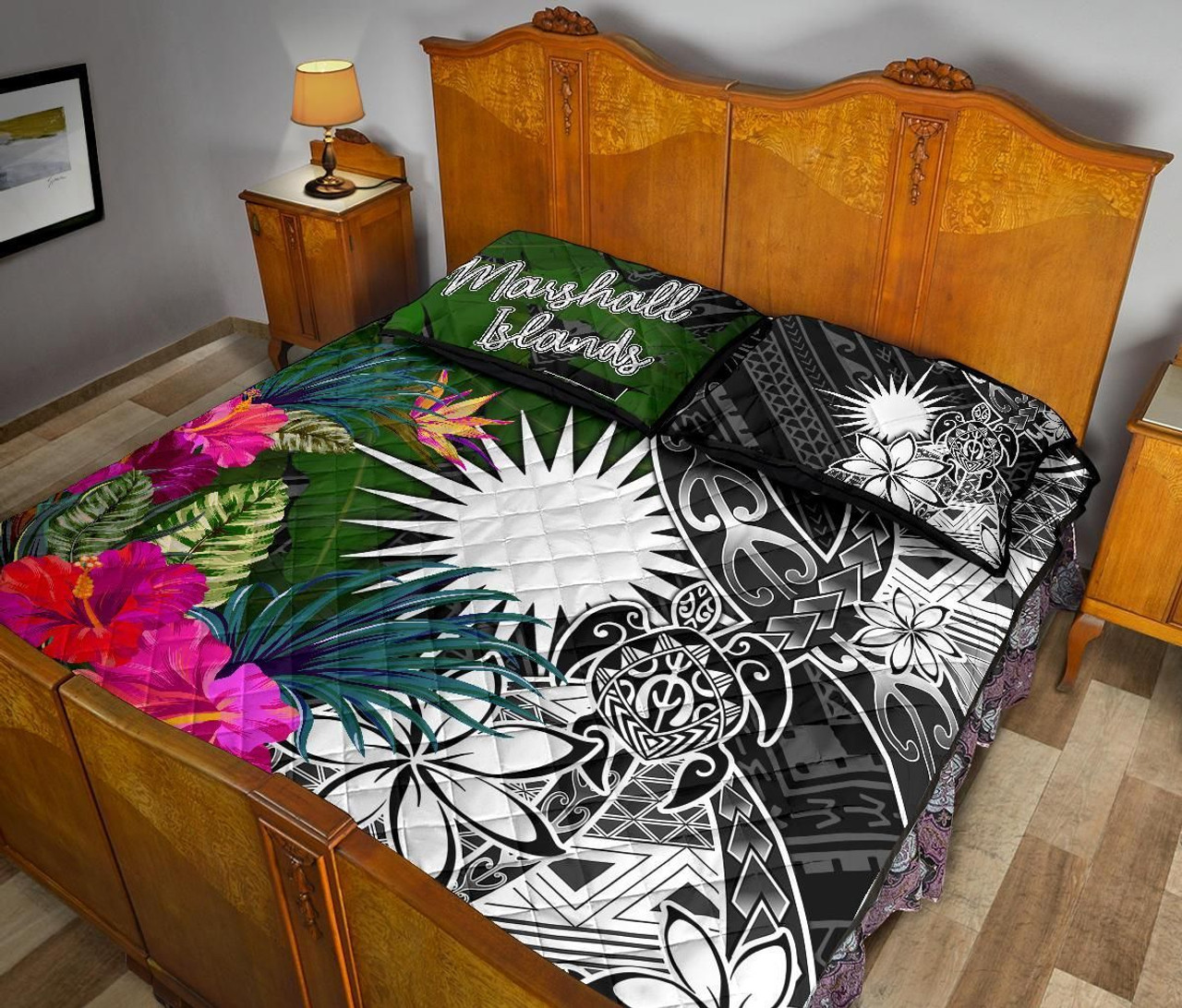 Marshall Islands Quilt Bed Set - Turtle Plumeria Banana Leaf 4