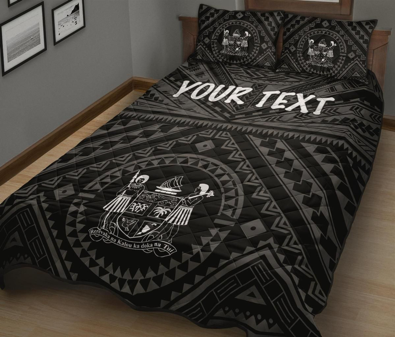 Fiji Personalised Quilt Bed Set - Fiji Seal With Polynesian Tattoo Style ( Black) 2