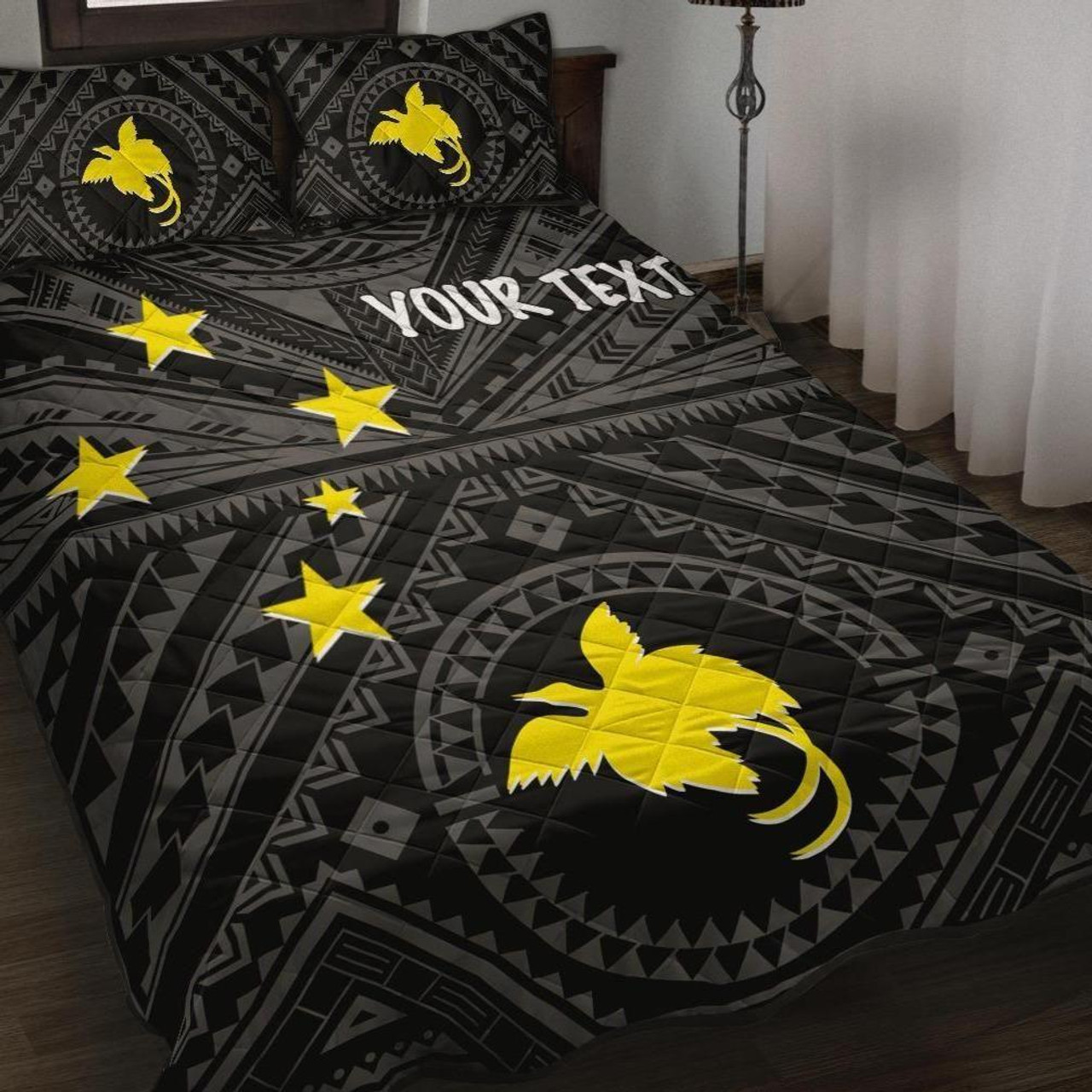 Papua New Guinea Personalised Quilt Bed Set - Flag With Polynesian Patterns (Black) 1