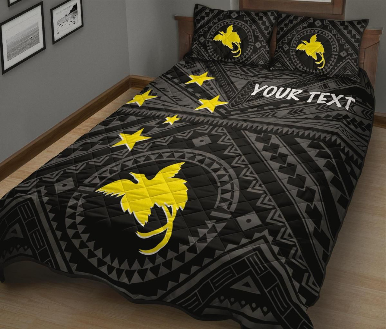 Papua New Guinea Personalised Quilt Bed Set - Flag With Polynesian Patterns (Black) 2