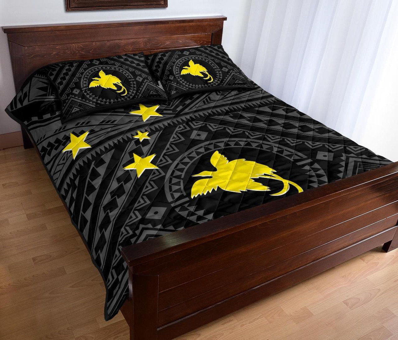 Papua New Guinea Personalised Quilt Bed Set - Flag With Polynesian Patterns (Black) 3