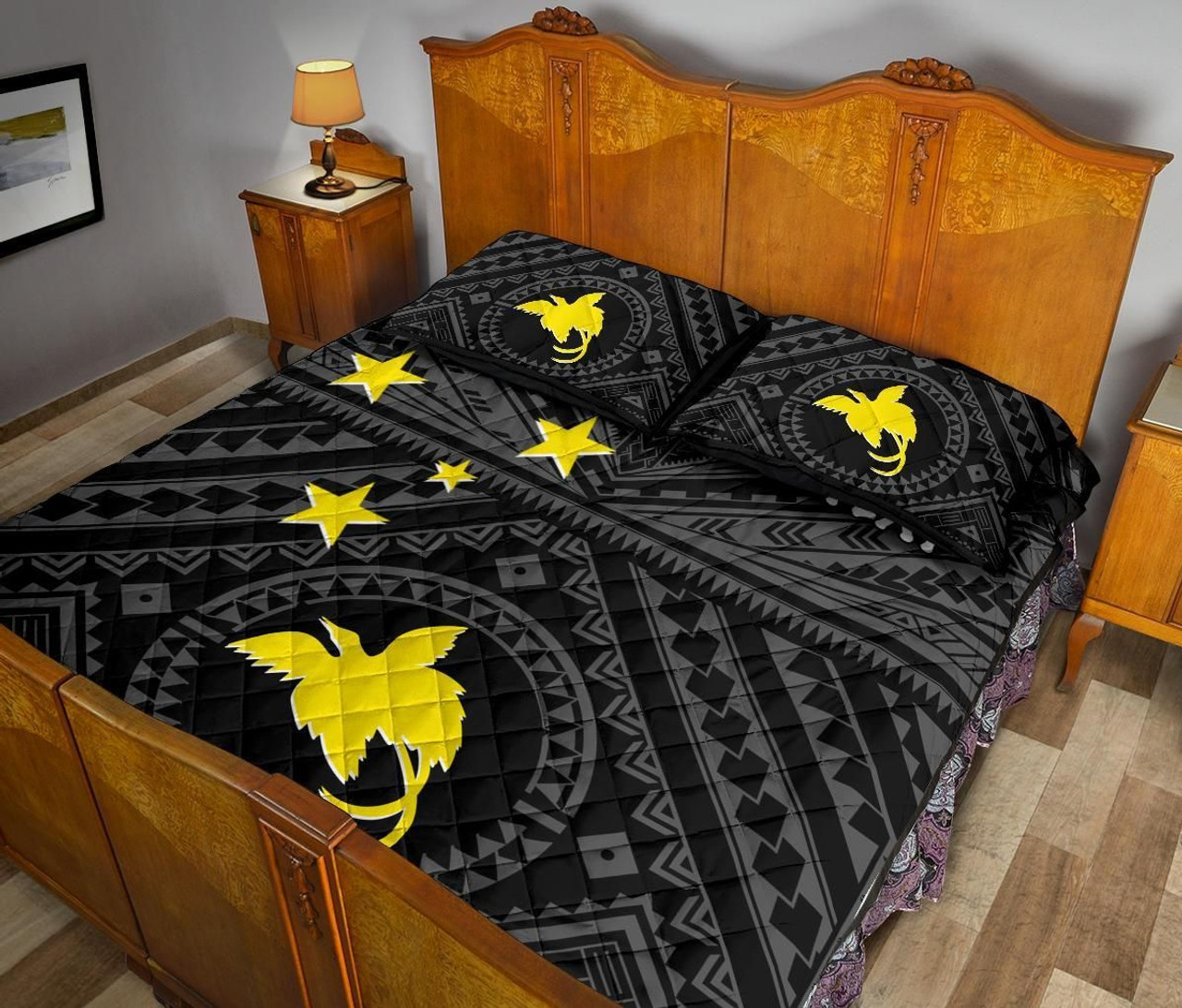 Papua New Guinea Personalised Quilt Bed Set - Flag With Polynesian Patterns (Black) 4