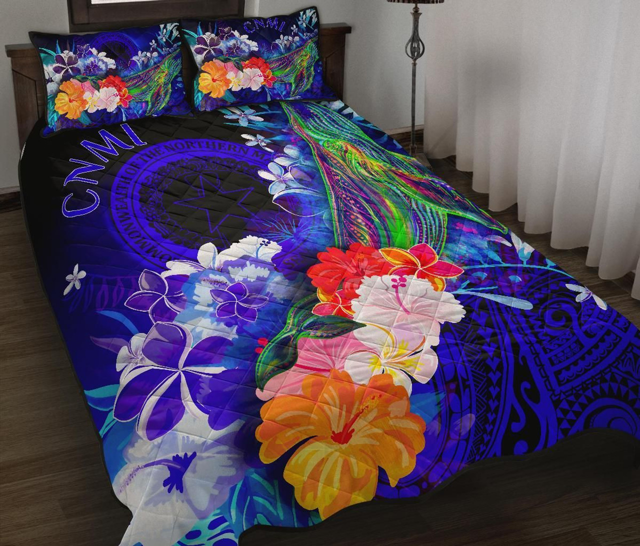 CNMI Quilt Bed Set - Humpback Whale with Tropical Flowers (Blue) 1