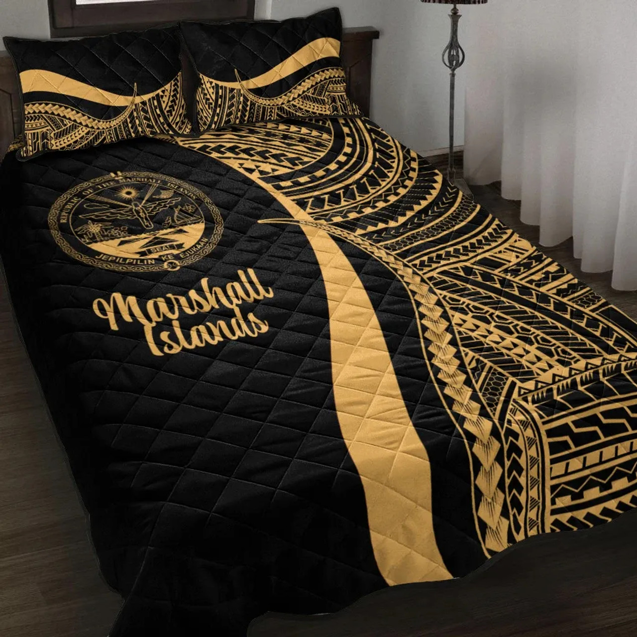 Marshall Islands Quilt Bet Set - Gold Polynesian Tentacle Tribal Pattern Crest 1