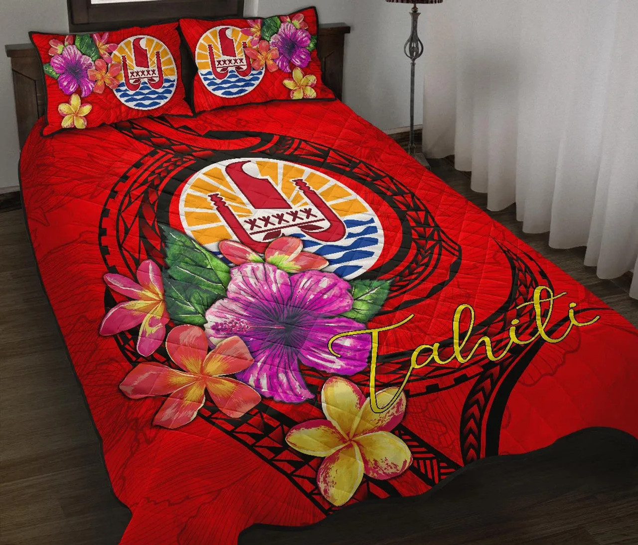 Tahiti Polynesian Quilt Bed Set - Floral With Seal Red 1