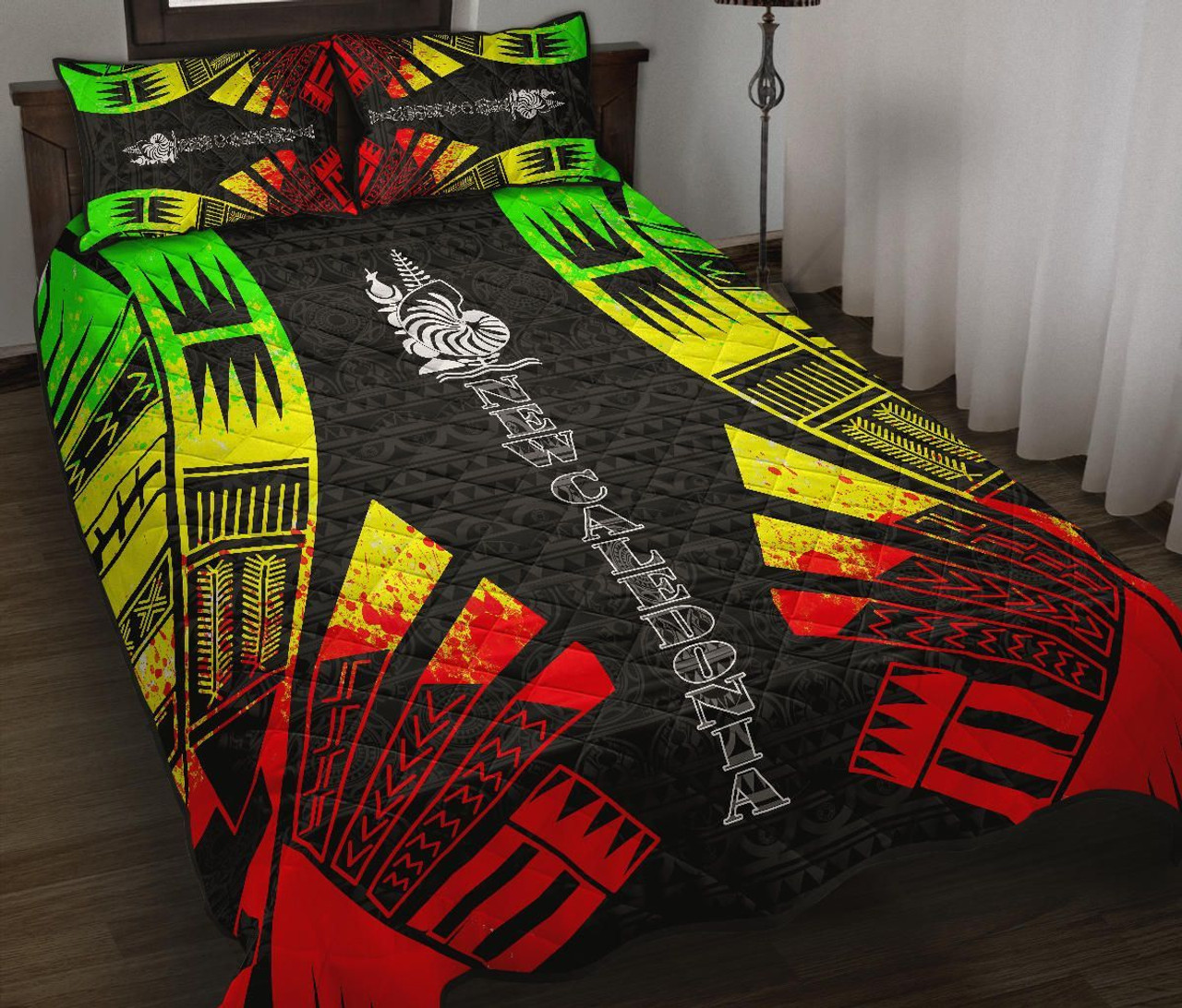 New Caledonia Quilt Bed Set - New Caledonia Coat Of Arms & Polynesian Reggae Tattoo Style 2